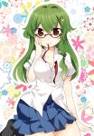  adjusting_glasses alternate_costume bespectacled breasts casual cleavage frog glasses green_hair hair_ornament hairpin highres ika kochiya_sanae large_breasts long_hair looking_at_viewer mouth_hold open_clothes open_shirt pleated_skirt school_uniform shirt skirt solo touhou untied yellow_eyes 
