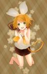  :d barrette blonde_hair flower green_eyes hair_ornament hair_ribbon hairclip happy hira_shinki kagamine_rin kneeling necktie open_mouth ribbon sailor_collar short_hair shorts smile solo vocaloid 