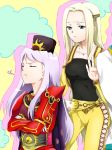  2girls ailove310 blonde_hair blue_eyes celes_chere character_request closed_eyes crossed_arms female final_fantasy final_fantasy_vi hat jacket long_hair necklace pants purple_hair series_request sweatdrop tiara 