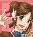  \m/ brown_hair double_bun food fushigi_yuugi hamburger macross_frontier parody ranka_lee yuuki_miaka 