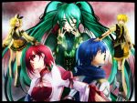  aqua_eyes aqua_hair blonde_hair blue_hair brown_hair hair_ribbon hairclip hatsune_miku hitobashira_alice_(vocaloid) kagamine_len kagamine_rin kaito long_hair meiko red_eyes ribbon scarf short_hair siblings twins vocaloid 