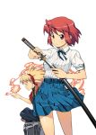  belt blonde_hair bow hamada_yoshikazu highres katana red_eyes red_hair redhead short_hair skirt sword tsugumomo weapon 