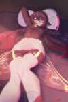  1girl :d absurdres arms_up blush bramoncrepe brown_hair closed_eyes clothes_pull genshin_impact ghost groin highres hu_tao_(genshin_impact) long_sleeves looking_at_viewer lying navel on_back on_bed open_mouth pillow red_eyes short_shorts shorts shorts_pull smile solo tailcoat thighs twintails 
