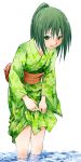  bangs flat_chest green_eyes green_hair japanese_clothes kimono kimono_lift leaning_forward legs looking_up obi original ponytail solo submerged wading water yukata 