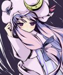  adjusting_hair blush bow coo crescent hair_bow hand_on_hat hat hat_tug highres light_smile long_hair patchouli_knowledge purple_eyes purple_hair robe smile solo striped touhou wind 