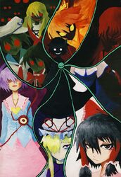  black_hair blonde_hair blood bow brown_eyes creepy eyes faux_traditional_media fujiwara_no_mokou gohei hair_over_eyes hair_over_one_eye hair_ribbon hair_tubes hakurei_reimu hat hat_bow head_wings heart hijiri_byakuren houjuu_nue koakuma kochiya_sanae komeiji_koishi komeiji_satori long_hair murasa_minamitsu no_mouth o_o purple_hair red_eyes ribbon sailor_hat short_hair side_ponytail smile third_eye touhou yakumo_yukari yellow_eyes 