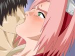  blush forehead_protector game_cg green_eyes haruno_sakura kiss maten naruto pink_hair solo 