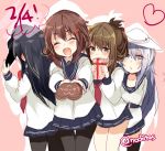  4girls ^_^ akatsuki_(kantai_collection) black_hair blue_eyes blush brown_eyes brown_hair closed_eyes ear_blush fang folded_ponytail hair_ribbon hat heart hibiki_(kantai_collection) ikazuchi_(kantai_collection) inazuma_(kantai_collection) kantai_collection long_hair multiple_girls neckerchief nochita_shin open_mouth personification ribbon school_uniform serafuku short_hair silver_hair skirt smile valentine verniy_(kantai_collection) 