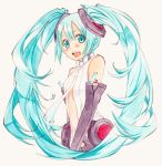  aqua_eyes aqua_hair bad_id belt elbow_gloves gloves hatsune_miku hatsune_miku_(append) long_hair miku_append navel necktie open_clothes open_shirt sama shirt simple_background smile solo traditional_media twintails very_long_hair vocaloid vocaloid_append 