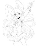 1girl animal_ears blazer hand_on_hip highres lalaoa lineart long_hair monochrome necktie open_mouth pleated_skirt pointing pointing_up rabbit_ears reisen_udongein_inaba simple_background skirt solo touhou 