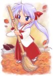  autumn blue_eyes broom food hiiragi_kagami japanese_clothes leaf long_hair lucky_star miko purple_hair sweet_potato twintails yam 
