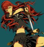  juuni_kokuki long_hair midriff nakajima_youko navel osamu_(jagabata) red_hair redhead school_uniform serafuku sheath sword torn_clothes weapon 