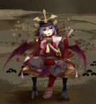  armor bat_wings fan fangs helmet highres noconol purple_hair red_eyes remilia_scarlet samurai short_hair touhou wings 
