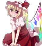 blush clenched_teeth flandre_scarlet haiiro_(immature) haiiro_(pixiv19995) hat ponytail red_eyes short_hair side_ponytail simple_background solo tears touhou wings 