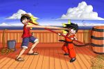  battle bird black_hair cloud clouds crosscounter crossover dragon_ball hat monkey_d_luffy net nyoibo one_piece open_mouth rope sandals son_goku son_gokuu staff tail 