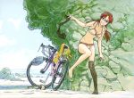  1girl against_wall artist_request bare_shoulders barefoot beach bicycle blue_eyes bra breasts brown_hair cleavage evangelion:_2.0_you_can_(not)_advance flat_tire glasses hairband highres hiramatsu_tadashi legs lingerie long_hair makinami_mari_illustrious navel neon_genesis_evangelion ocean panties rebuild_of_evangelion single_thighhigh smile sock_pull solo standing_on_one_leg thigh-highs thighhighs underwear undressing 