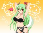  black_bra black_legwear black_panties bow bow_bra bow_panties bra breasts buri_hamachi cat cleavage cow ex-keine fish garter_belt green_hair heart horns john_(nakoto) kamishirasawa_keine large_breasts lingerie long_hair panties red_eyes ribbon side-tie_panties solo tail thighhighs thighs touhou underwear wide_hips wink 