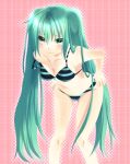  aqua_hair bad_id bikini blush hatsune_miku kayaku leaning_forward long_hair strap_slip striped striped_bikini striped_swimsuit swimsuit twintails very_long_hair vocaloid 