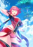  1girl absurdres bangs blush breasts closed_eyes earrings fingerless_gloves gloves green322 hair_ornament highres pyra_(xenoblade) jewelry large_breasts looking_at_viewer open_mouth redhead short_hair shorts sidelocks simple_background sky smile solo tiara xenoblade_(series) xenoblade_2 