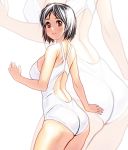  black_hair brown_eyes competition_swimsuit ishida_to_asakura looking_back masao one-piece_swimsuit satou-san short_hair solo swimsuit white_swimsuit zoom_layer 