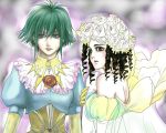  2girls ailove310 asellus bare_shoulders black_eyes black_hair curly_hair dress female flower green_eyes green_hair princess_white_rose rose saga saga_frontier short_hair 