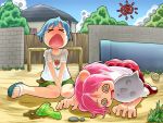  &gt;_&lt; @_@ all_fours baseball blue_hair bump byo_(kuro_usagi) child head_bump mask multiple_girls original panties pink_hair short_hair sitting skirt striped striped_panties sun tears twintails underwear wariza water_gun wet_clothes 