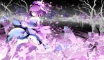  bare_shoulders butterfly cherry_blossoms flower hat hat_removed headwear_removed highres japanese_clothes kimono night petals purple_eyes purple_hair saigyouji_yuyuko short_hair sky star_(sky) starry_sky stars touhou tree violet_eyes water 