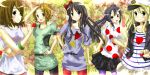  black_hair blonde_hair brown_eyes brown_hair food fruit green_eyes highres hirasawa_yui k-on! kotobuki_tsumugi listen!! long_hair nakano_azusa pantyhose rika_(kakera) short_hair side_ponytail strawberry tainaka_ritsu 