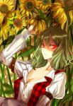  arm_up breasts bust cleavage flower frown glowing glowing_eyes green_hair kazami_yuuka kol49 plaid_vest puffy_sleeves red_eyes shaded_face short_hair sitting solo sunflower ton_(pixiv37657) touhou 