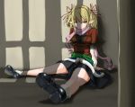  blonde_hair expressionless green_eyes marubonman mizuhashi_parsee pointy_ears scarf short_hair sitting touhou window_shade 