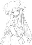  blunt_bangs blush book bow capelet coo hair_bow hands hat head_tilt long_hair monochrome patchouli_knowledge sitting sketch smile solo touhou 