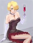  blonde_hair blue_eyes breasts cleavage dress earrings elbow_gloves fishnet_pantyhose fishnet_stockings fishnets gloves hair_over_one_eye jewelry kimiarugatame legs long_legs maria_tachibana necklace pantyhose sakura_taisen short_hair side_slit thigh-highs thighs 