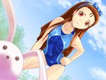  brown_eyes brown_hair bunny competition_swimsuit dutch_angle hairband hand_on_hip idolmaster long_hair minase_iori muhi11234 one-piece_swimsuit rabbit swimsuit 