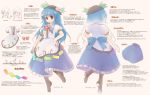  blue_hair blush boots bowtie character_sheet emurin floating food fruit hand_on_hip happy hat highres hinanawi_tenshi leaf long_hair long_skirt mound_of_venus open_mouth peach puffy_sleeves red_eyes skirt smile text touhou translated translation_request turnaround 