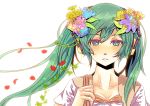  flower furai green_eyes green_hair hair_flower hair_ornament hatsune_miku headphones simple_background solo twintails vocaloid 