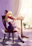  alice_margatroid alice_margatroid_(cameo) alternate_costume blonde_hair cameo chair checkered checkered_floor drawing flower hat instrument kirisame_marisa mary_janes mini_top_hat nataku39 shoes short_hair sitting solo top_hat touhou vase violin yellow_eyes 