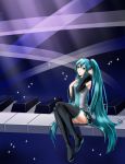  absurdres aqua_eyes aqua_hair detached_sleeves hand_on_chest hand_on_own_chest hatsune_miku highres instrument iwao legs long_hair necktie open_mouth piano sitting skirt solo thigh-highs thighhighs twintails very_long_hair vocaloid 