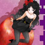  1girl akiyama_mio alpha_(smashbox) antennae bare_shoulders belt black_eyes black_hair bow breasts cleavage dress dutch_angle fishnets food fruit hair_bow high_heels k-on! lipstick listen!! long_hair pantyhose shadow shoes smile solo star strawberry wristband 