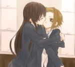  black_hair blush brown_eyes brown_hair cheek_kiss closed_eyes gogono_pan'ya gogono_panya hairband hug k-on! kiss long_hair school_uniform short_hair tainaka_ritsu wince yuri 