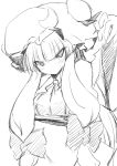  bow coo hair_bow hands hat long_hair monochrome patchouli_knowledge sketch smile solo touhou tsurime 