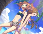  beach bikini brown_hair flat_chest holding_hands idolmaster loli long_hair maru_(sara_duke) minase_iori palm_tree shorts swimsuit swimsuit_under_clothes takatsuki_yayoi tree 