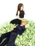  1girl au belt blonde_hair brown_eyes brown_hair cloud_strife couple final_fantasy final_fantasy_vii final_fantasy_vii_advent_children flower gloves short_hair sleeping tifa_lockhart 