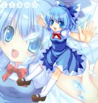  bad_id blue_eyes blue_hair bow character_name cirno crystal fairy fang hair_bow kneehighs mary_janes outstretched_arms ratise shoes short_hair socks solo spread_arms touhou white_kneehighs white_legwear wings zoom_layer 
