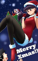  1girl 2boys black_eyes black_hair christmas degraded_ice highres komi-san_wa_komyushou_desu komi_shouko long_hair looking_at_viewer merry_christmas multiple_boys osana_najimi_(komi-san_wa_komyushou_desu) pantyhose santa_costume short_hair snow snowflakes snowing tadano_hitohito 