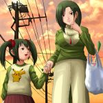  2girls bag cameo gardevoir green_hair groceries hand_holding holding_hands jewelry kirlia lowres multiple_girls necklace personification pikachu pikachu_(cameo) pokemoa pokemon power_lines ring scrunchie short_hair short_twintails smile spring_onion sunset twintails 