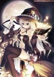  book broom broom_riding butterfly cleavage moon night silver_hair thigh-highs tome witch witch_hat 