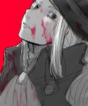 1girl ascot blood blood_on_clothes blood_on_face bloodborne collared_jacket commentary_request hat head_tilt kureson_(hayama_baa) lady_maria_of_the_astral_clocktower looking_at_viewer monochrome parted_lips red_background red_pupils sidelocks simple_background sketch solo teeth upper_body 