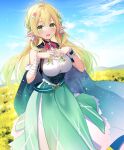  1girl :d absurdres bandaged_arm bandages bare_shoulders blonde_hair blue_sky breasts clouds commentary_request day elf field flower flower_field gradient_hair green_eyes green_hair green_skirt hands_up highres kisaragi_yuri long_hair medium_breasts mountain multicolored_hair outdoors pointy_ears revision saohime_yue shirt single_wrist_cuff skirt sky sleeveless sleeveless_shirt smile solo streaked_hair very_long_hair virtual_youtuber wactor_production white_shirt wrist_cuffs yellow_flower 