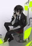  1boy bandaged_arm bandaged_hand bandaged_head bandages bandaid bandaid_on_face bangs brown_eyes brown_hair bungou_stray_dogs chair collared_shirt dazai_osamu_(bungou_stray_dogs) formal from_above full_body hair_between_eyes intravenous_drip looking_at_viewer male_focus necktie shirt short_hair sitting smile solo suit tile_floor tiles tuxedo waistcoat white_shirt ziyi_zhengjun 