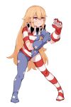  1girl american_flag_dress american_flag_gloves american_flag_legwear blonde_hair clenched_teeth clownpiece doro_au dress eyebrows_visible_through_hair fairy full_body gloves hair_between_eyes highres long_hair no_hat no_headwear pantyhose pink_eyes sharp_teeth simple_background solo striped striped_dress striped_gloves striped_legwear teeth thick_eyebrows touhou white_background 